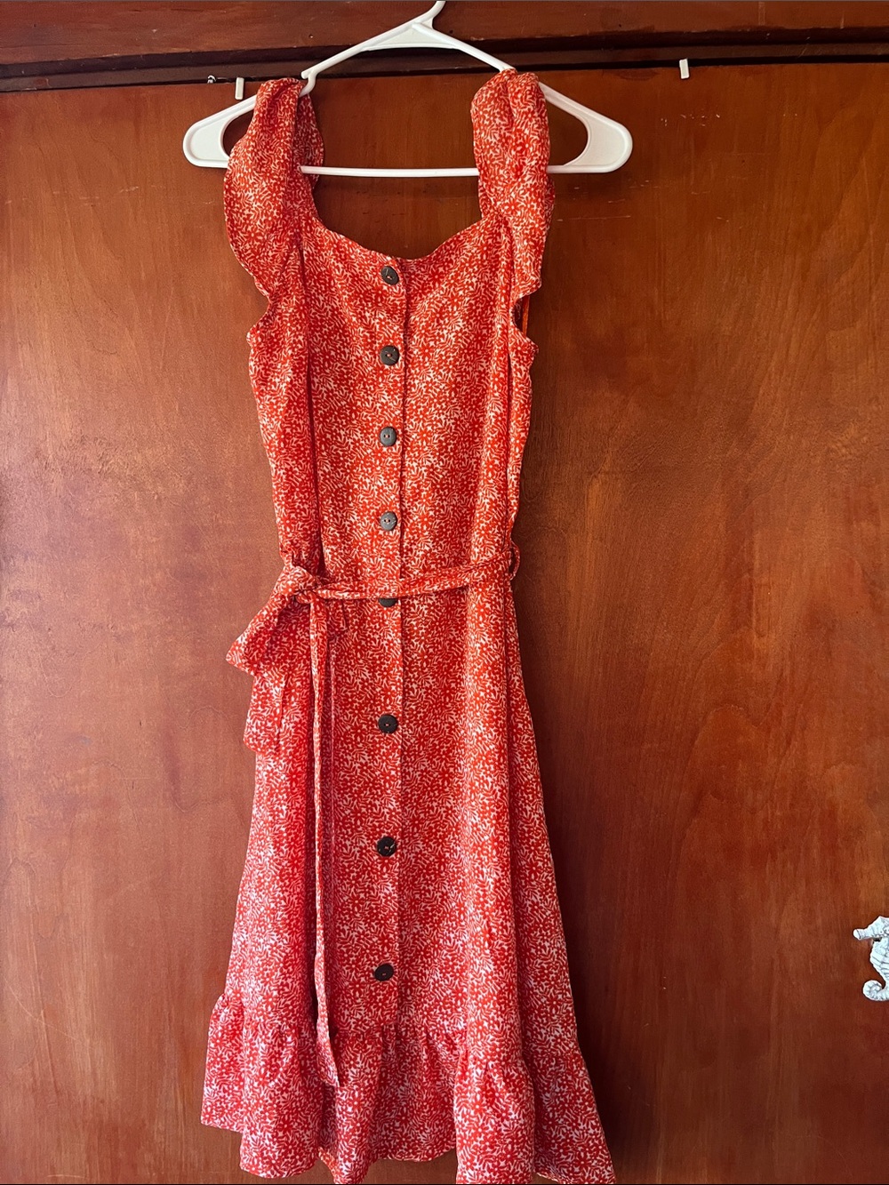 Monteau Red Button-Front Tie-Waist Ruffle Midi Dress